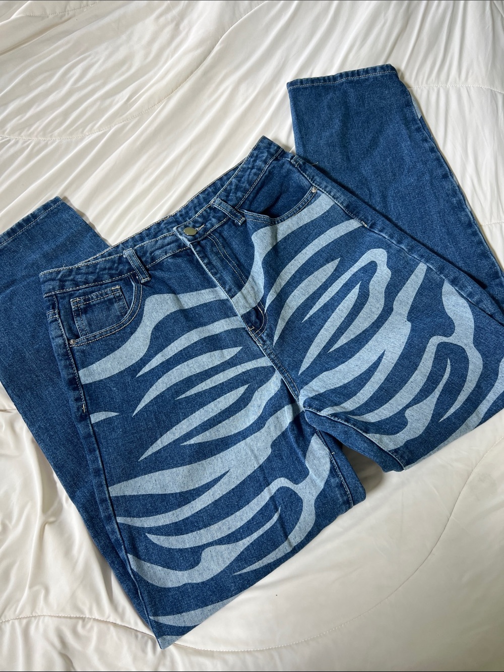 Blue Zebra Stripe Print High-Waist Mom Jeans
